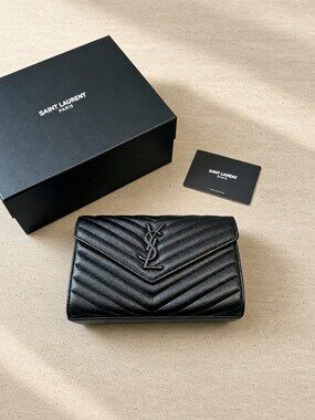 Yves Saint Laurent Envelope Black Quilted Leather Chain Wallet
